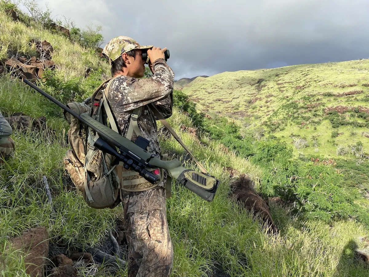 A hunter uses binoculars to scan a green valley from a grassy hillside.